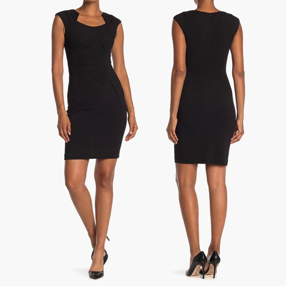 NWT Calvin Klein Women's Black Sheath Horseshoe Neck Ruched Career Dress Size 10